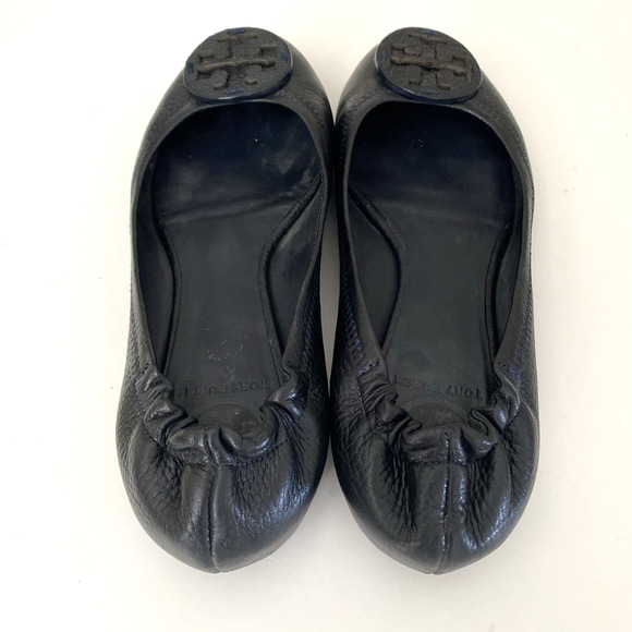 TORY BURCH Classic Minnie Ballet Flat Black Leather Logo Slip On Round Toe 7.5 - Picture 8 of 10